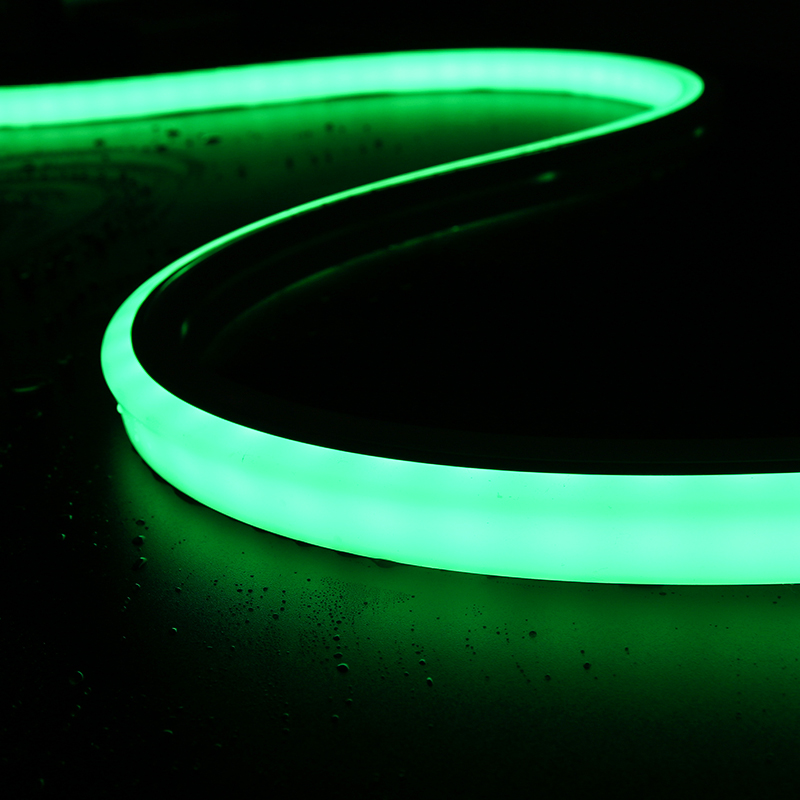 LIKELIGHT L-N2020 lit green in a curved display; the photo does not specify a minimum bend radius.